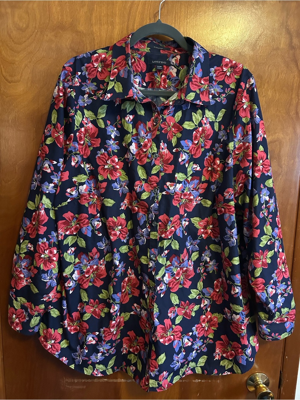 Lands' End Women’s No Iron Supima Cotton Navy Floral Button-Up Shirt, Size 22W